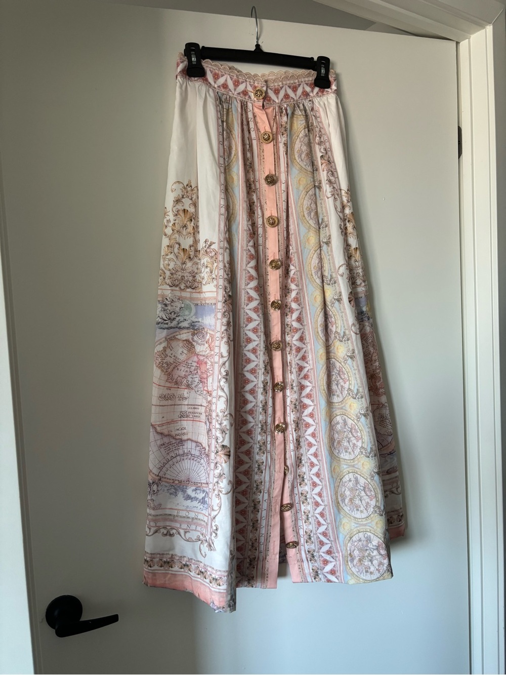 Printed Button-Front Maxi Skirt in Pink and Cream in size small